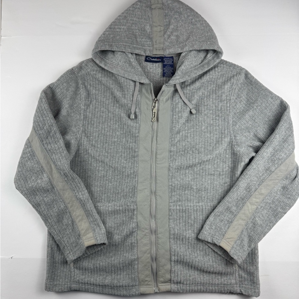 Women’s Catalina Gray Zip Up Hooded Sweater cute details along zipper and arms